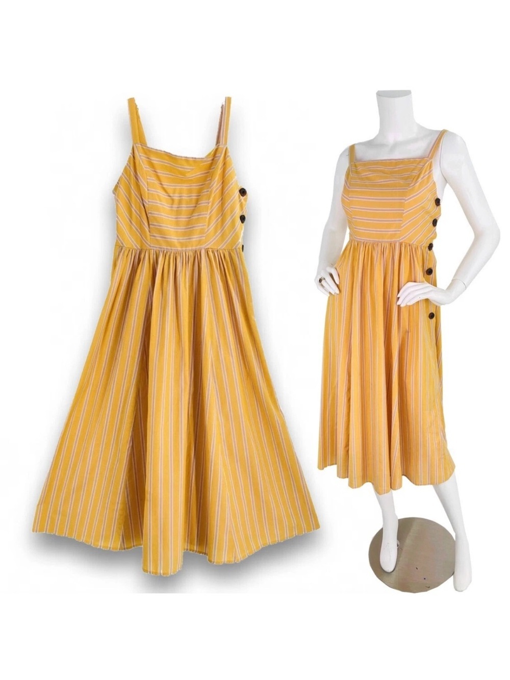 Urban Outfitters Kaye Yellow Striped Midi Sundress with Side Button Detail Small